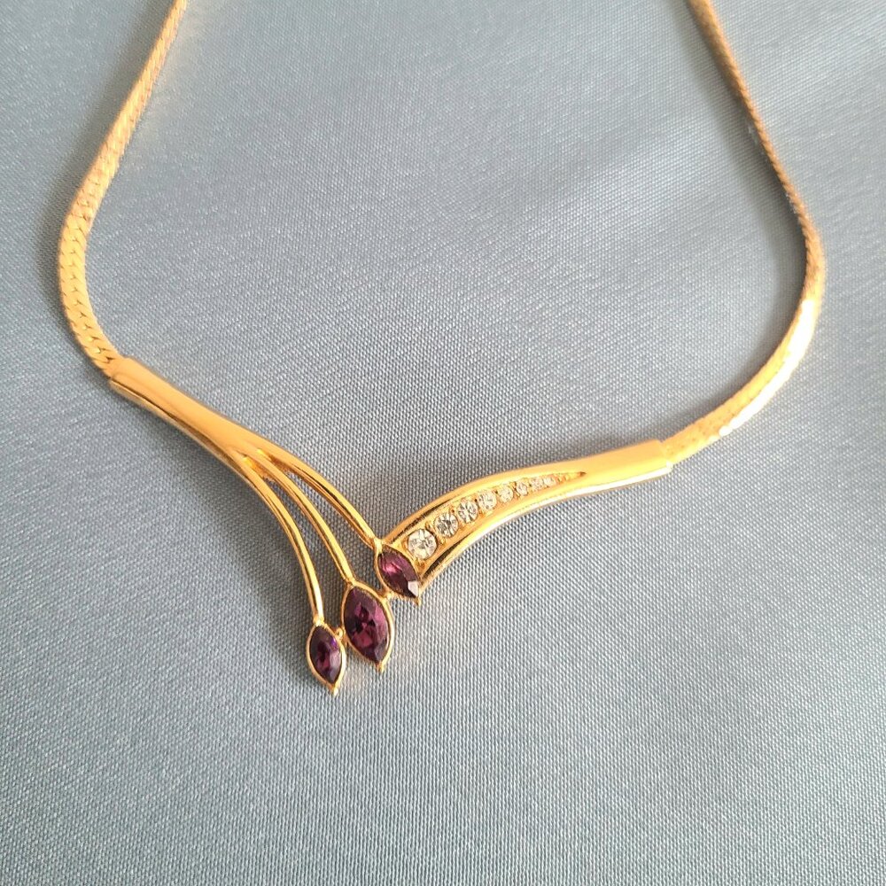 Vintage Vendome gold tone necklace/choker with purple and clear rhinestones.